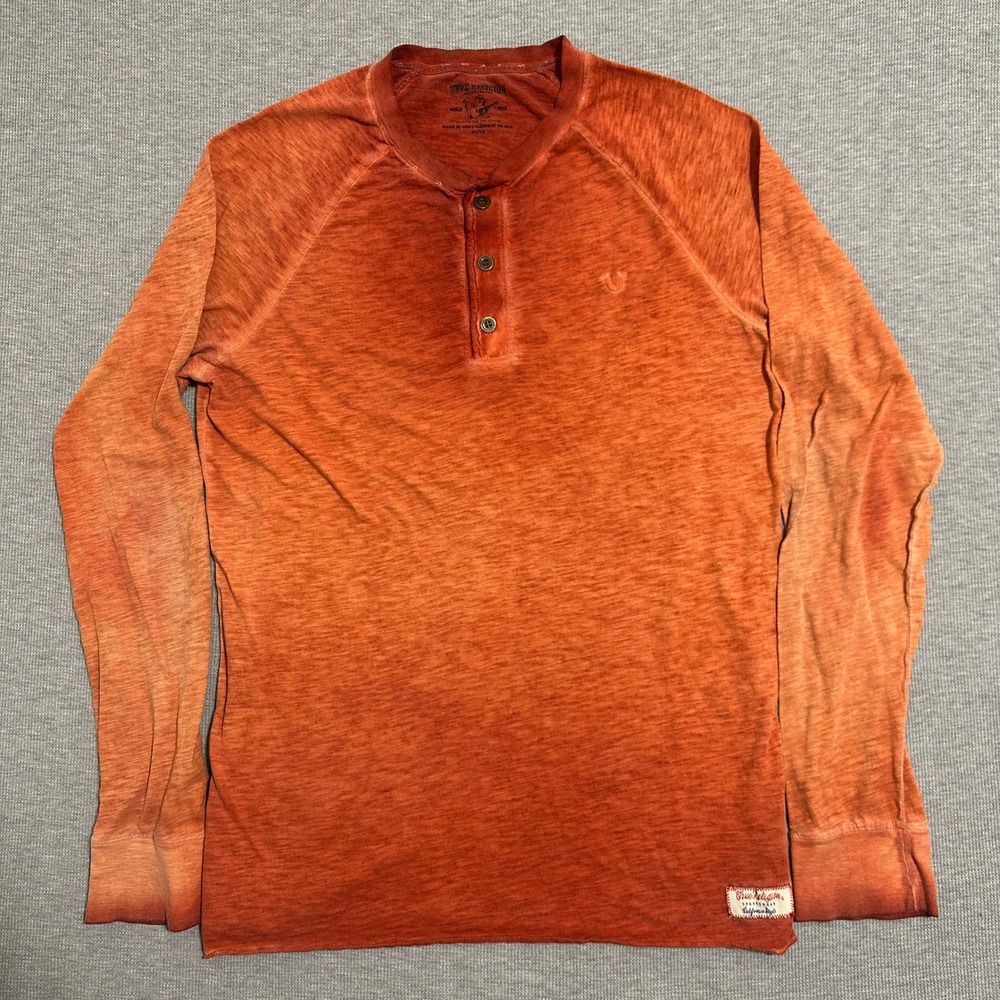 True Religion Slub Acid Wash Long Sleeve Henley Shirt Orange Mens XL